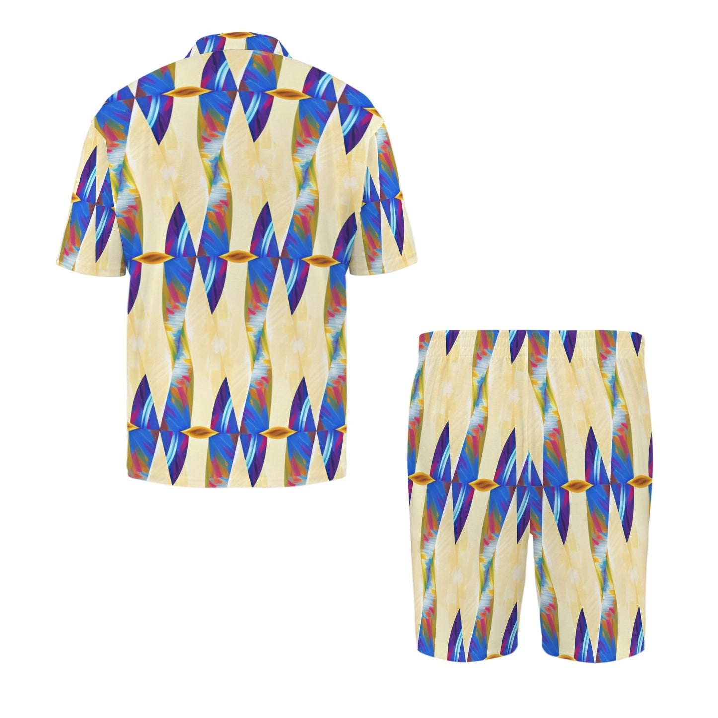 Men's Abstract Blue Wave Pattern All Over Print V-Neck Short Pajama Set
