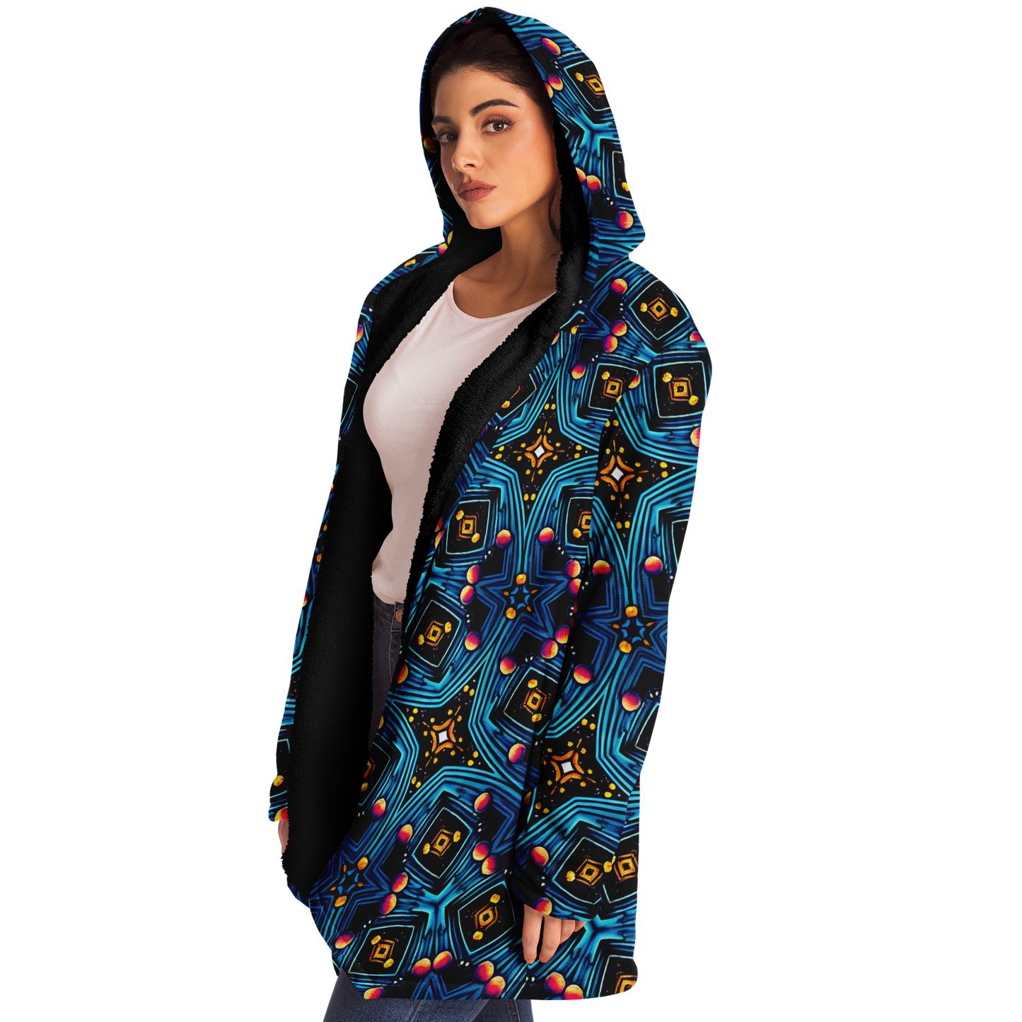 Women's Blue Mosaic Star Pattern All Over Print Microfleece Cloak