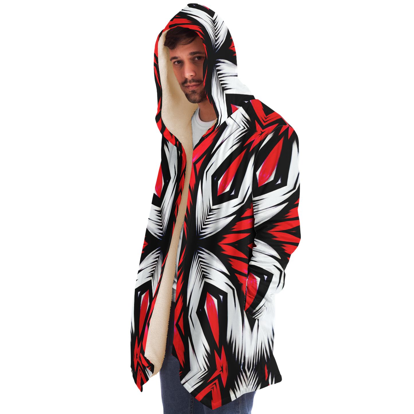 Men's Abstract Red, White & Black Pattern All-Over Print All Over Print Microfleece Cloak