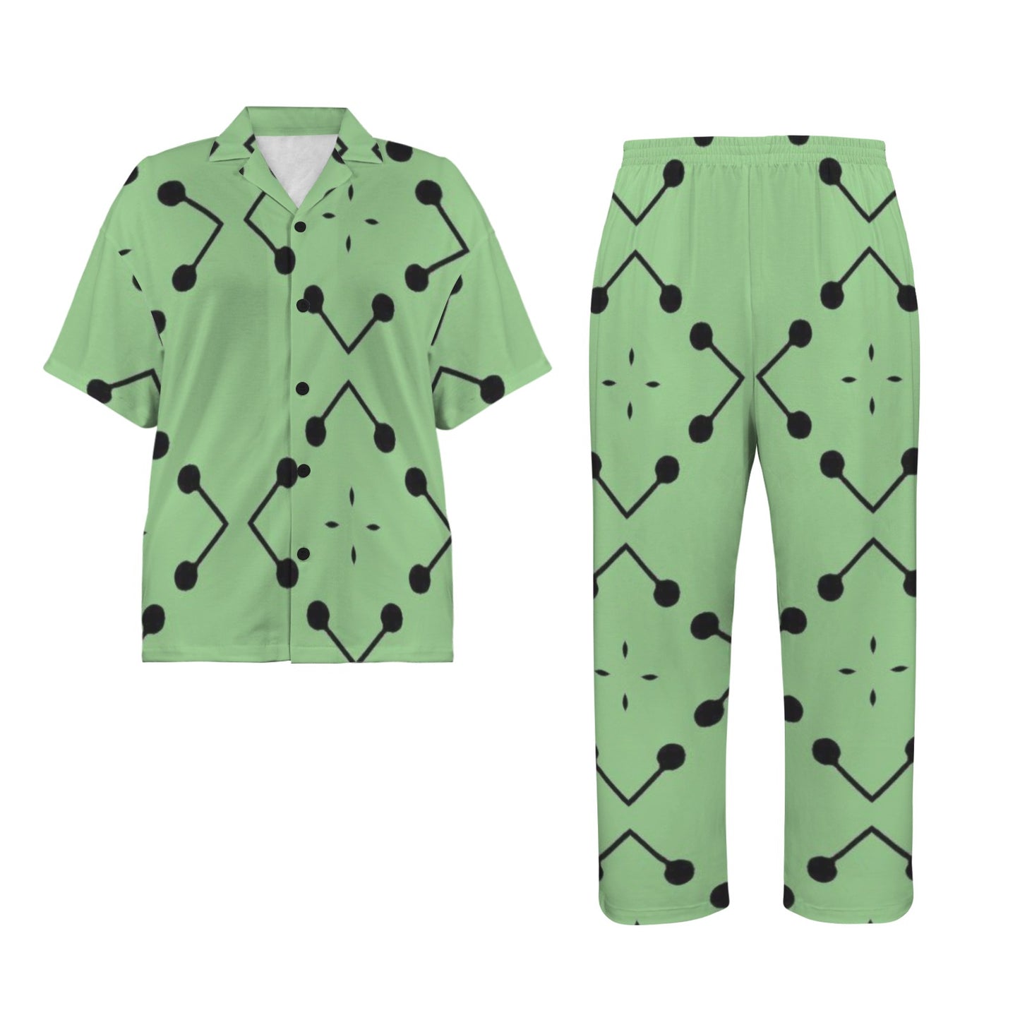 Women's Bold Green Geometric Black Dot-Node Pattern All-Over Print V-Neck Pajama Set