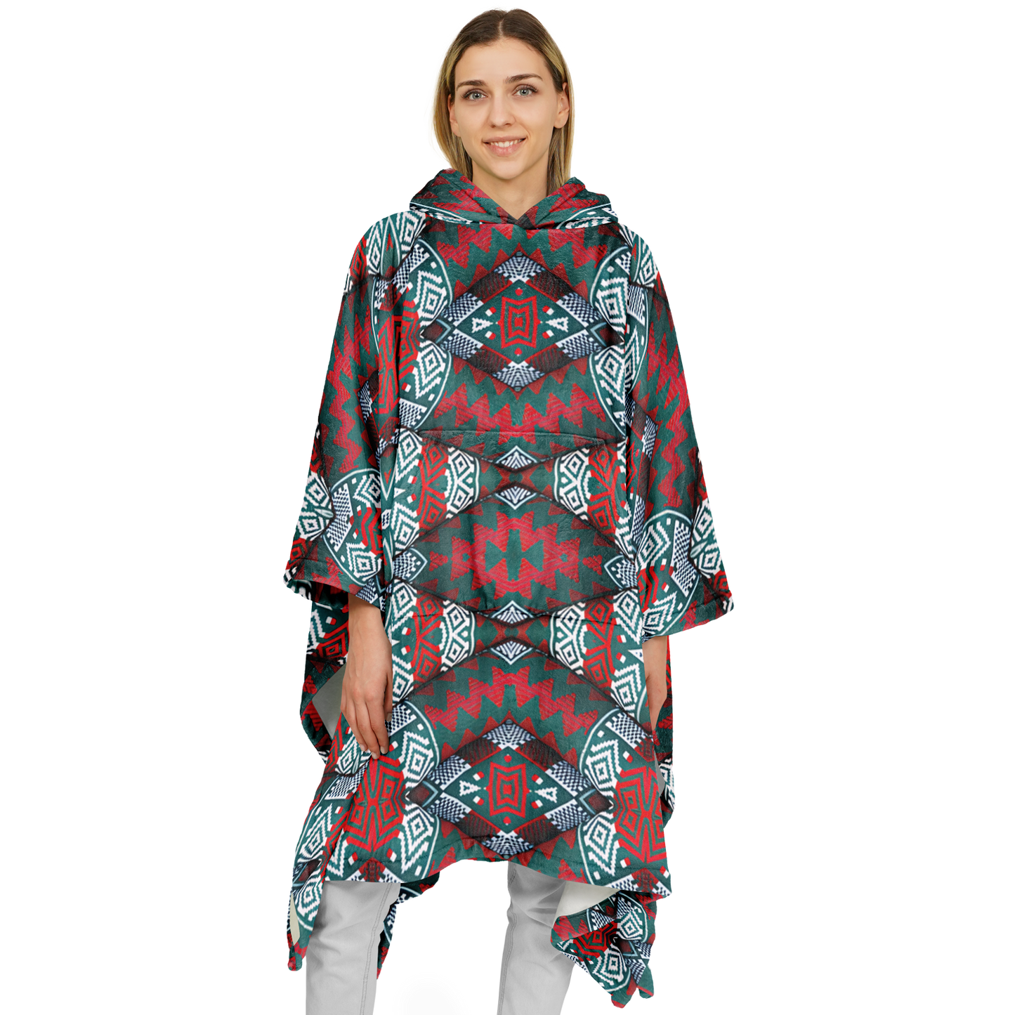 Women's Red, Green & Teal Tribal Geometric Pattern All-Over Print Flannel Blanket Poncho