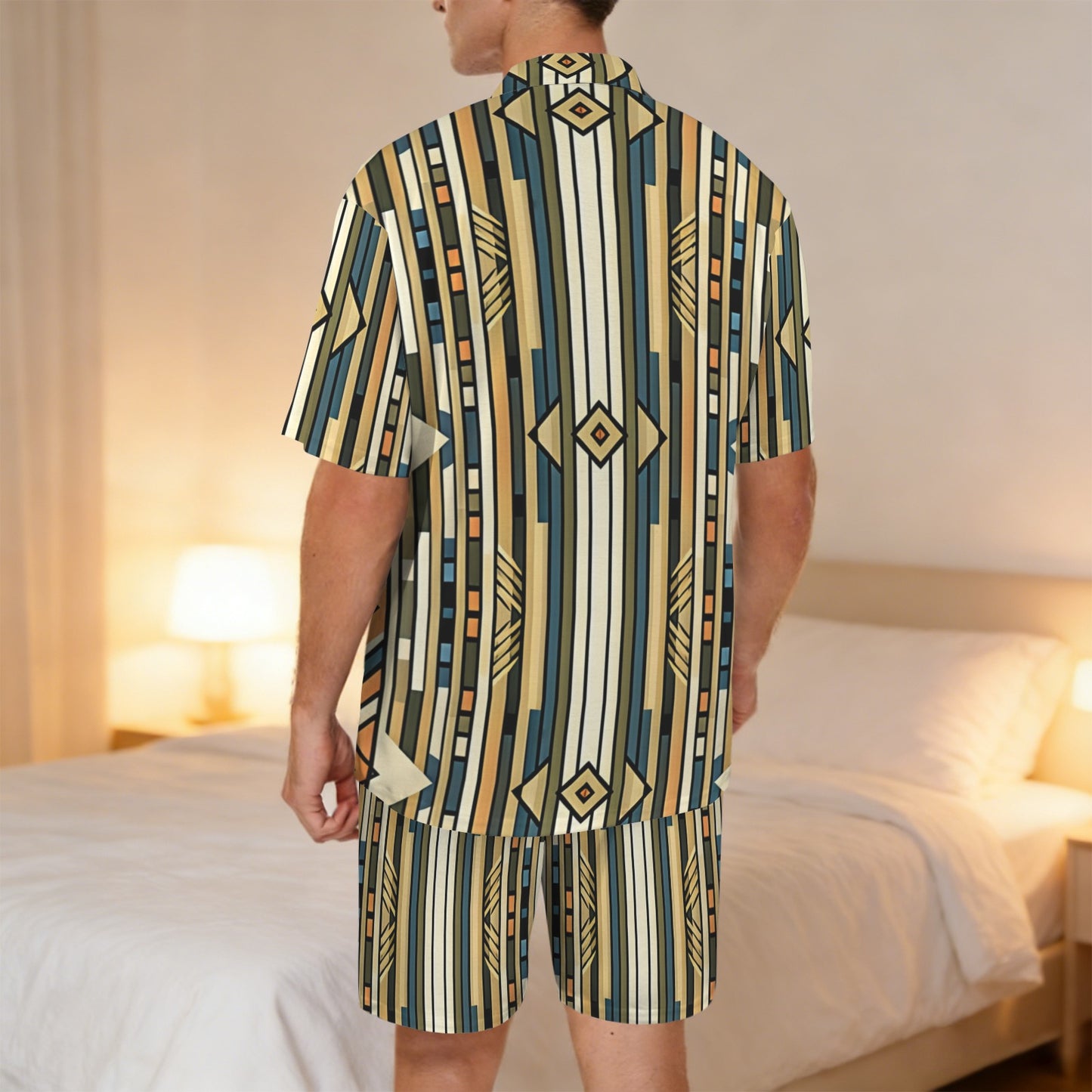 Men's Retro Geometric Tribal Pattern All-Over Print V-Neck Short Pajama Set