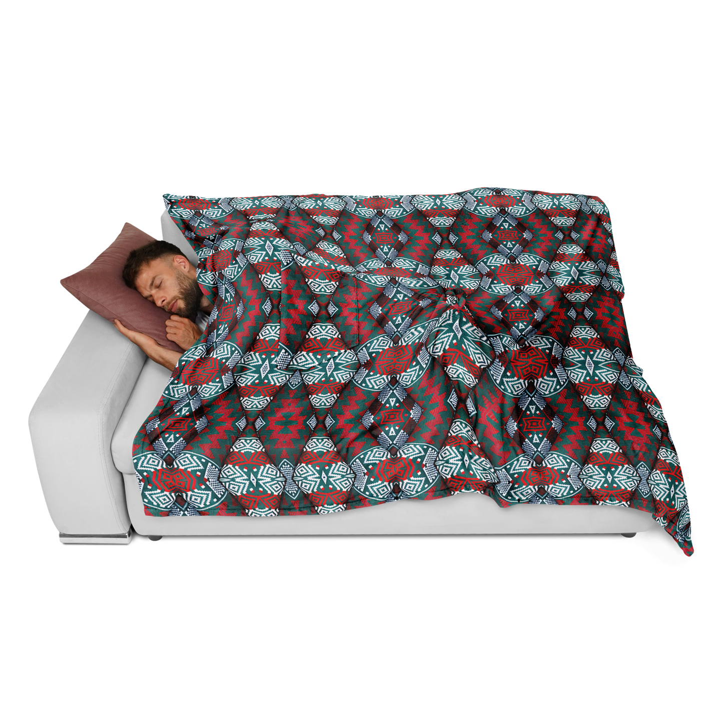 Men's Red, Green & Teal Tribal Geometric Pattern All-Over Print Flannel Blanket Poncho