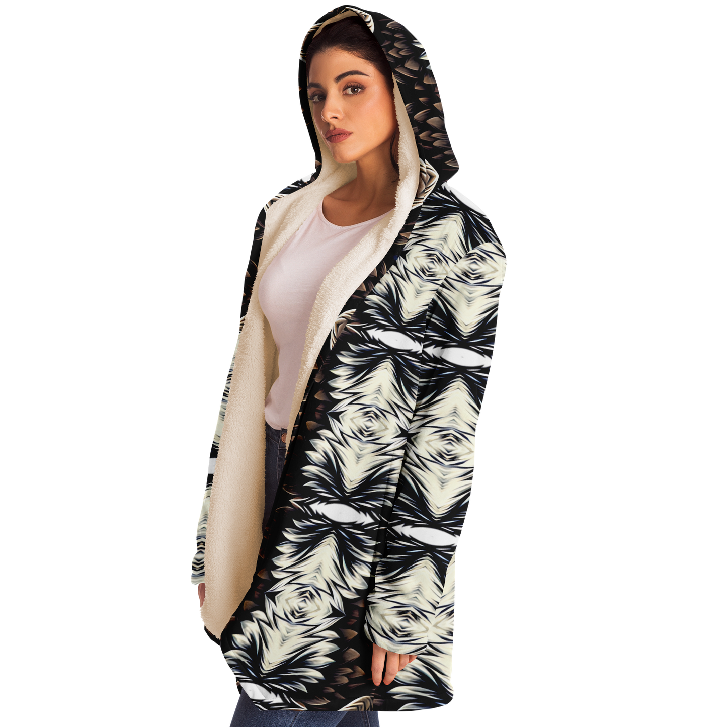 Women's Black White & Brown Kaleidoscope Pattern All Over Print Microfleece Cloak