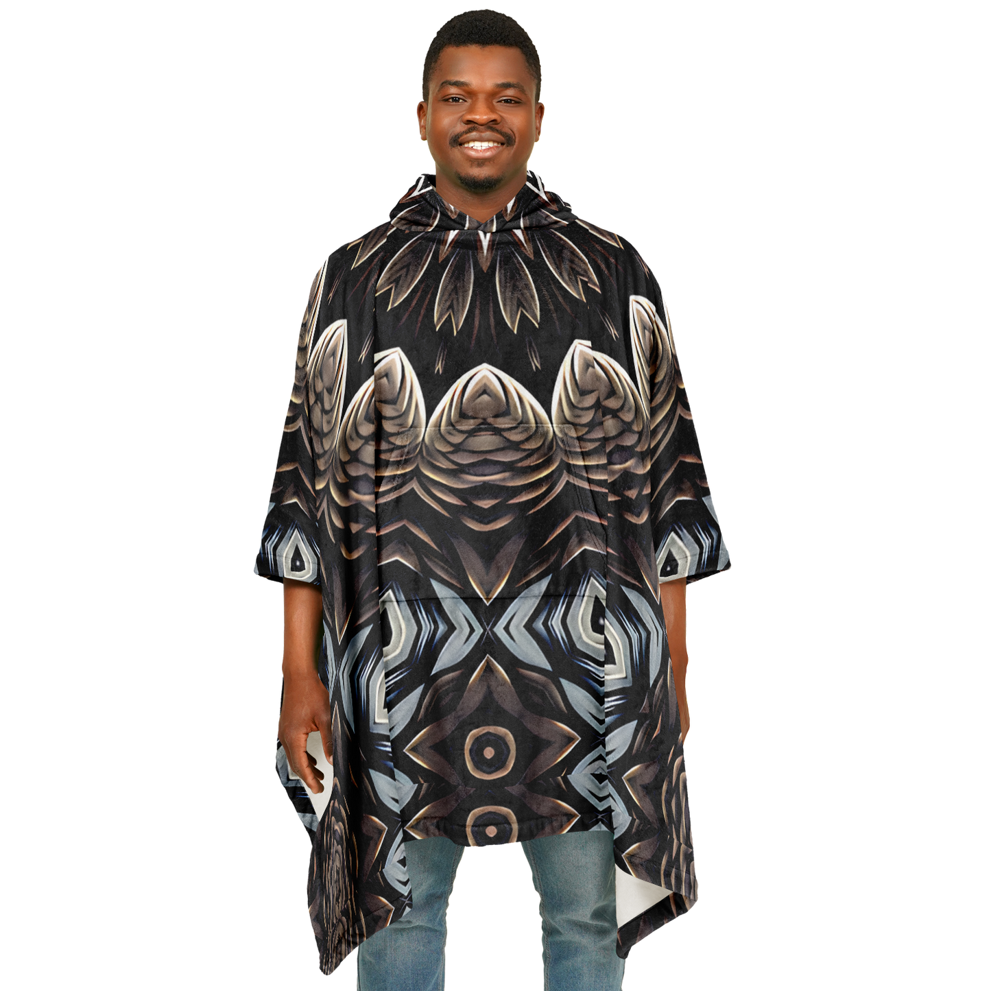 Men's Black & Taupe Kaleidoscope Floral Pattern Flannel Blanket Poncho All Over Print