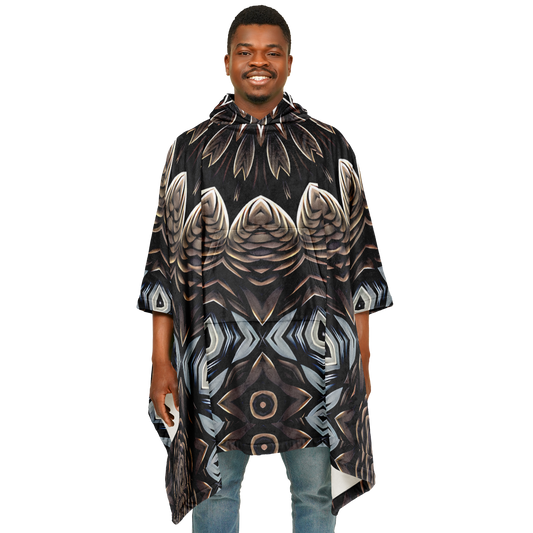 Men's Black & Taupe Kaleidoscope Floral Pattern Flannel Blanket Poncho All Over Print