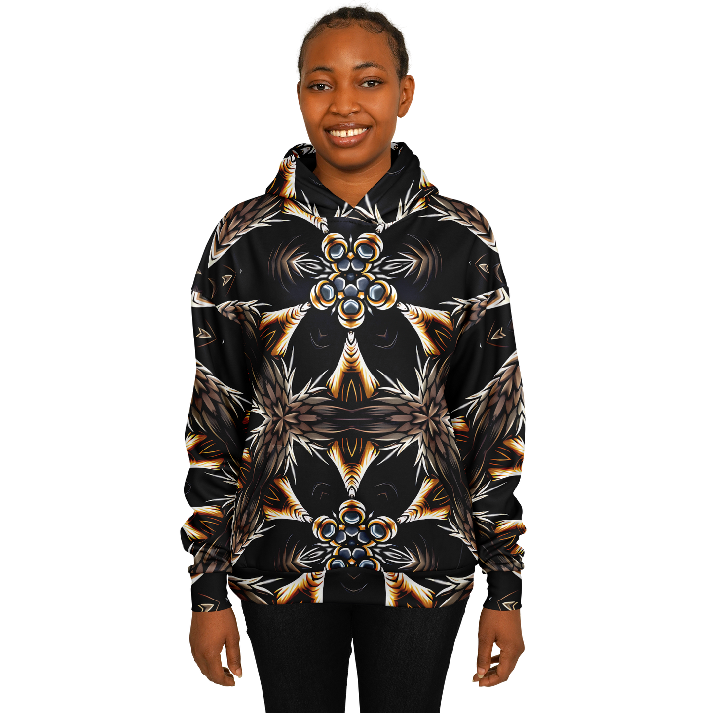 Women's Geometric Black & Gold Kaleidoscope Print Heavyweight Oversized Hoodie