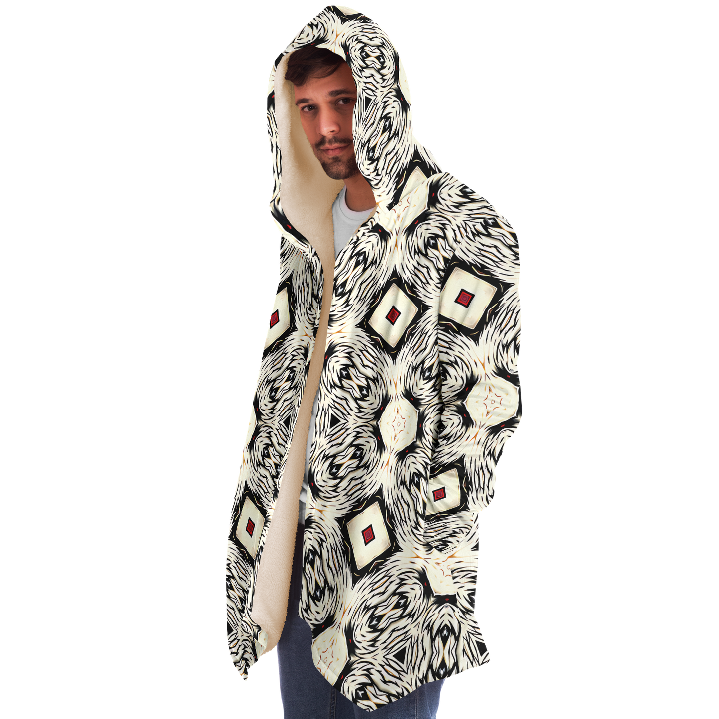 Men's Black & Cream Geometric Pattern All Over Print Microfleece Cloak