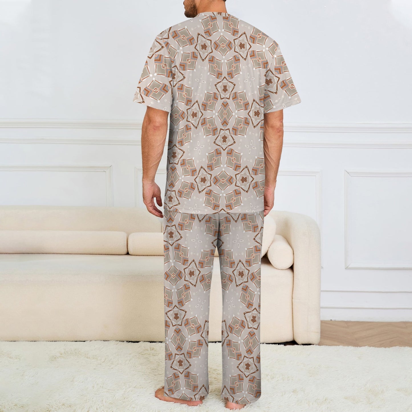 Men's Neutral Boho Graphic Pattern All-Over Print Crew Neck Pajama Set