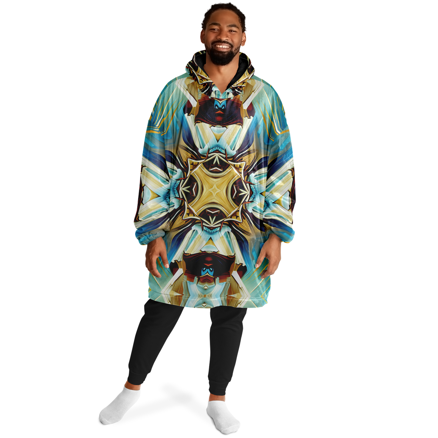 Men's Abstract Teal & Gold Pattern All Over Print Snug Hoodie