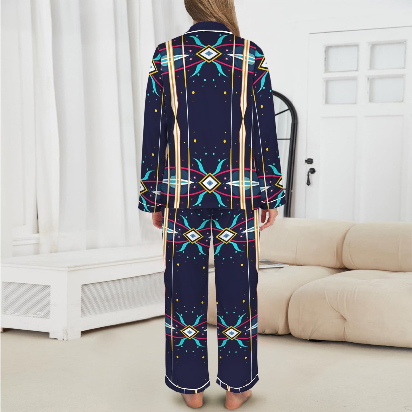 Women's Abstract Neon Geometry Pattern Print Women's Long Sleeve Satin Pajama Set