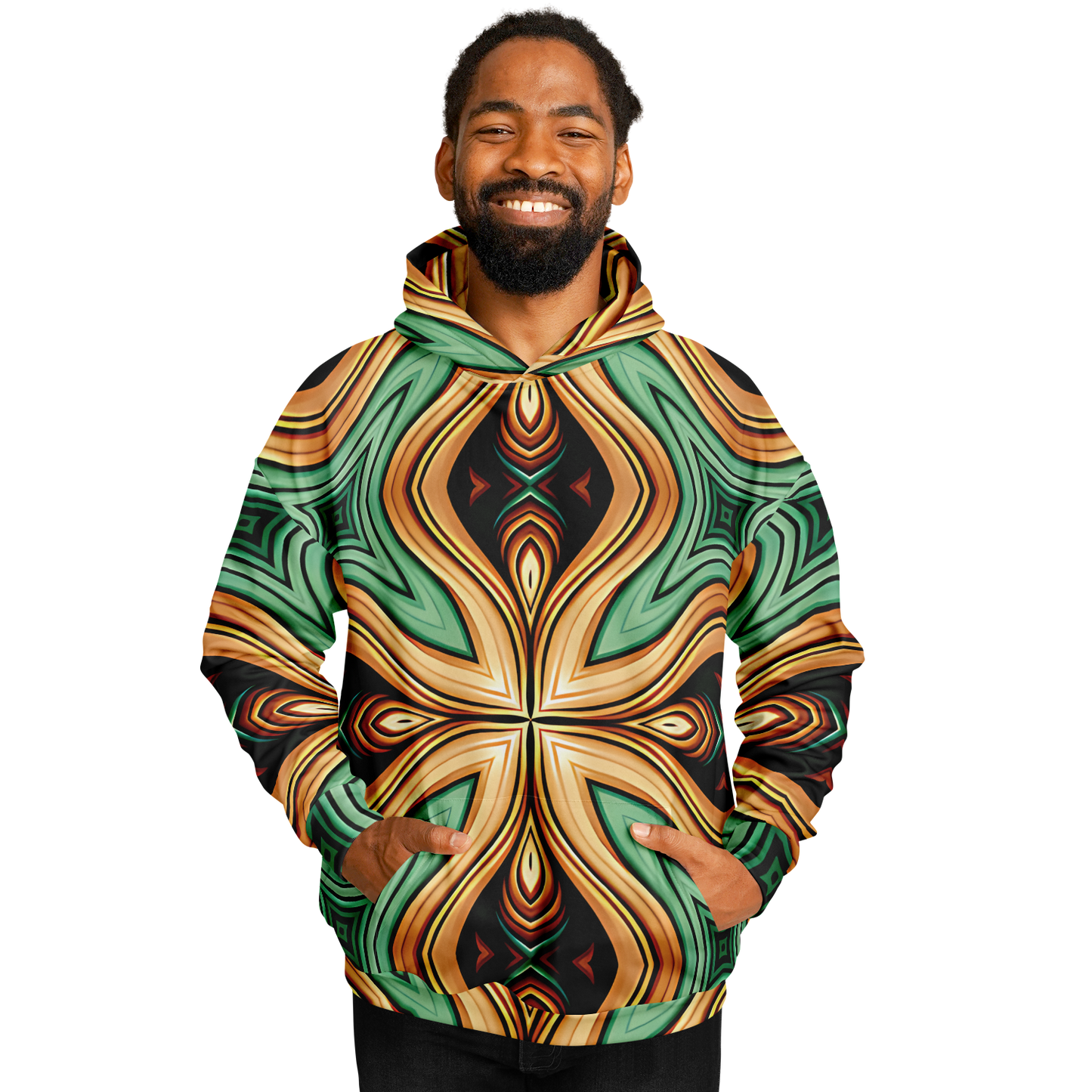 Men's  Green & Gold Retro Kaleidoscope Pattern Heavyweight Oversized Hoodie