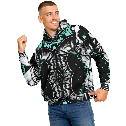 Men's Teal Black White & Green Geometric Pattern All Over Print Heavyweight Oversized Hoodie