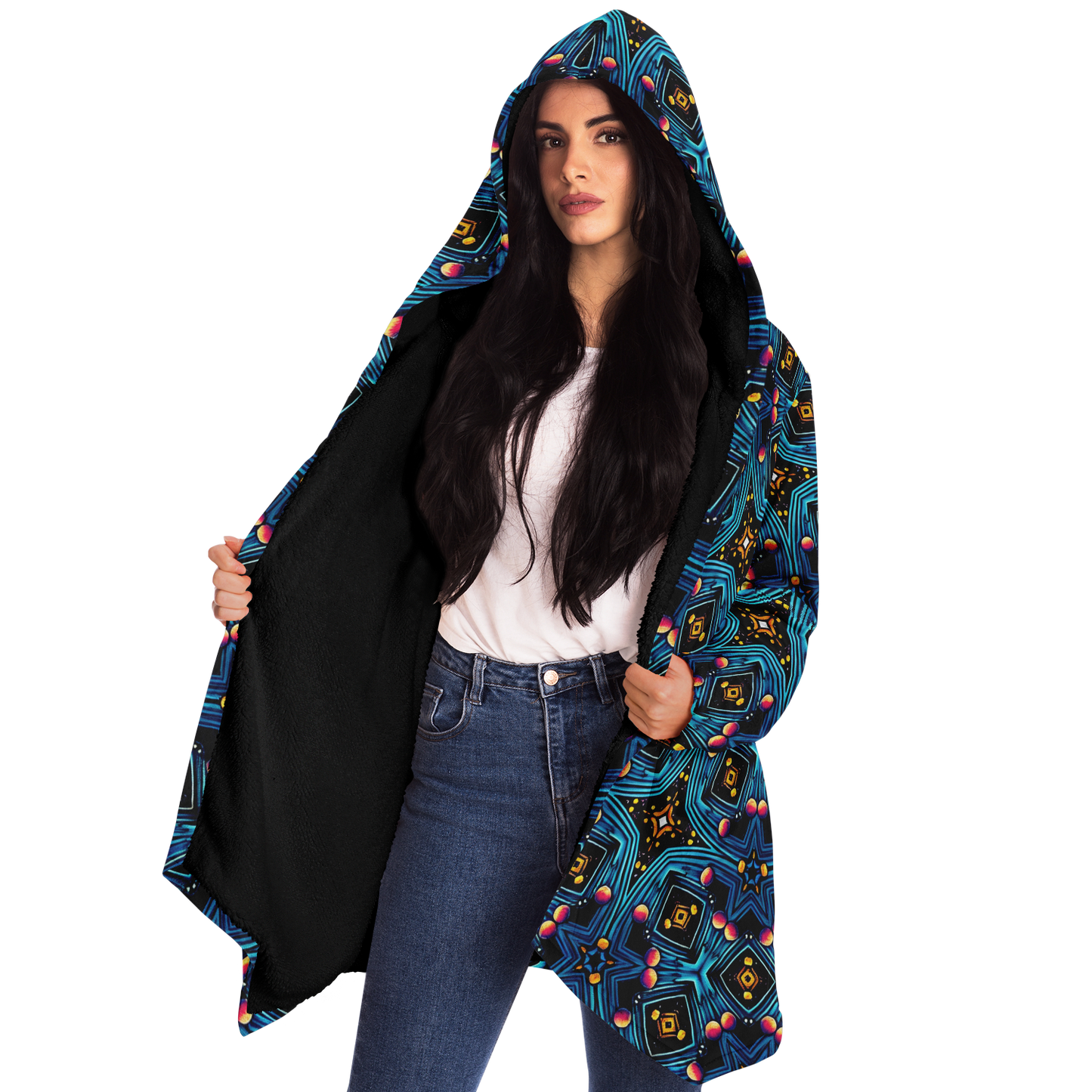 Women's Blue Mosaic Star Pattern All Over Print Microfleece Cloak