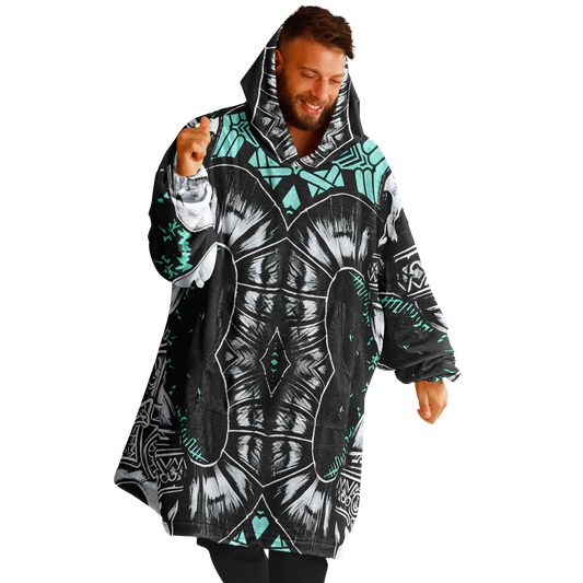 Men's Teal Black White & Green Geometric Pattern All Over Print Snug Hoodie Economy