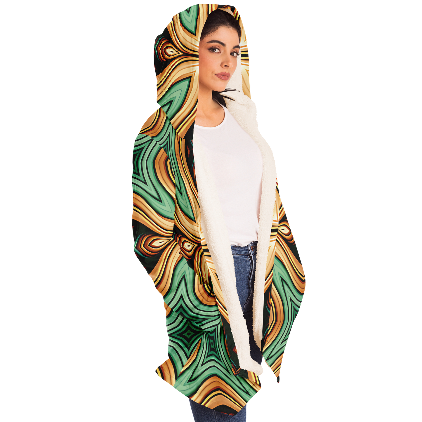 women's  Green & Gold Retro Kaleidoscope Pattern Microfleece Cloak