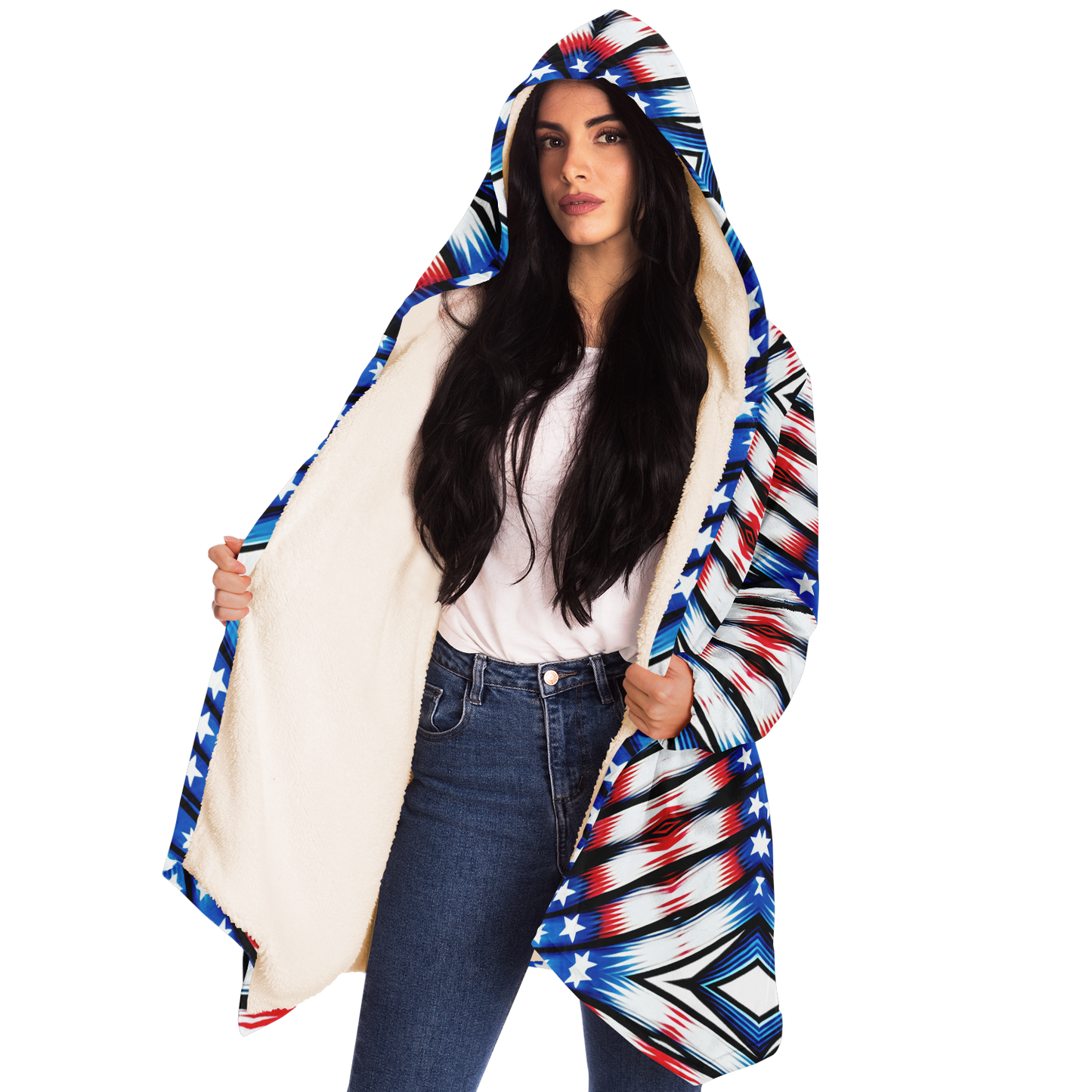 Women's Red White Blue Geometric Pattern All-Over Print Microfleece Cloak