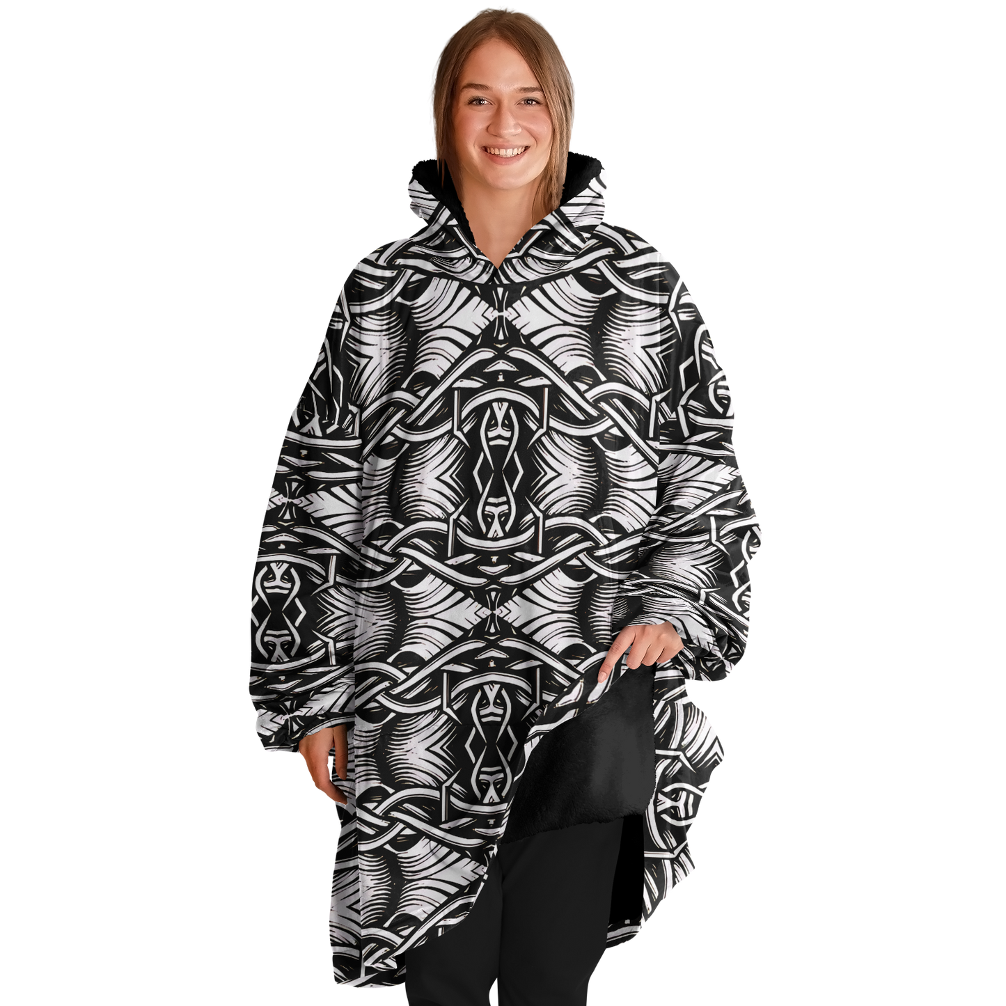 Women’s Black Intricate Silver Chain Tattoo Pattern High Snug Hoodie