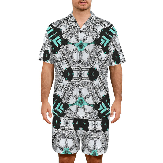 Men's Kaleidoscope Geo Pattern All Over Print V-Neck Short Pajama Set