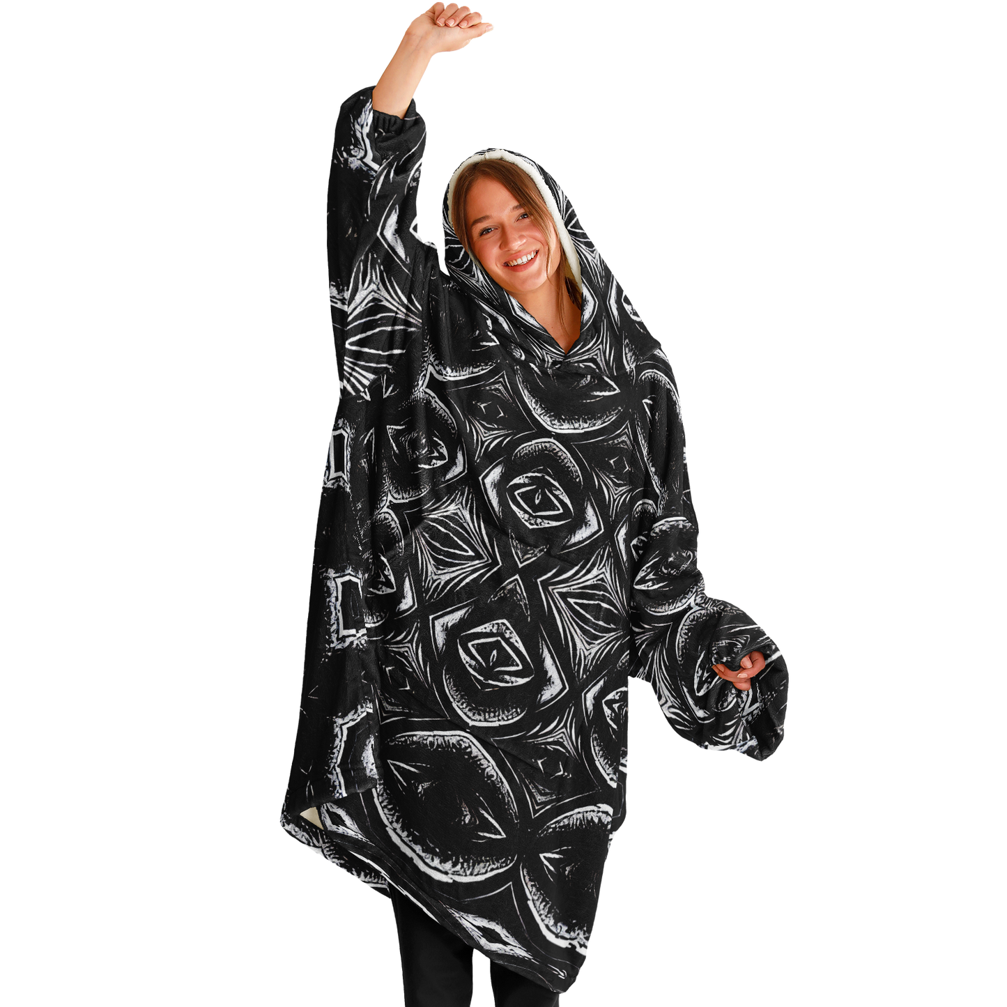 Women's Black Kaleidoscope Pattern All-Over Print Snug Hoodie Economy