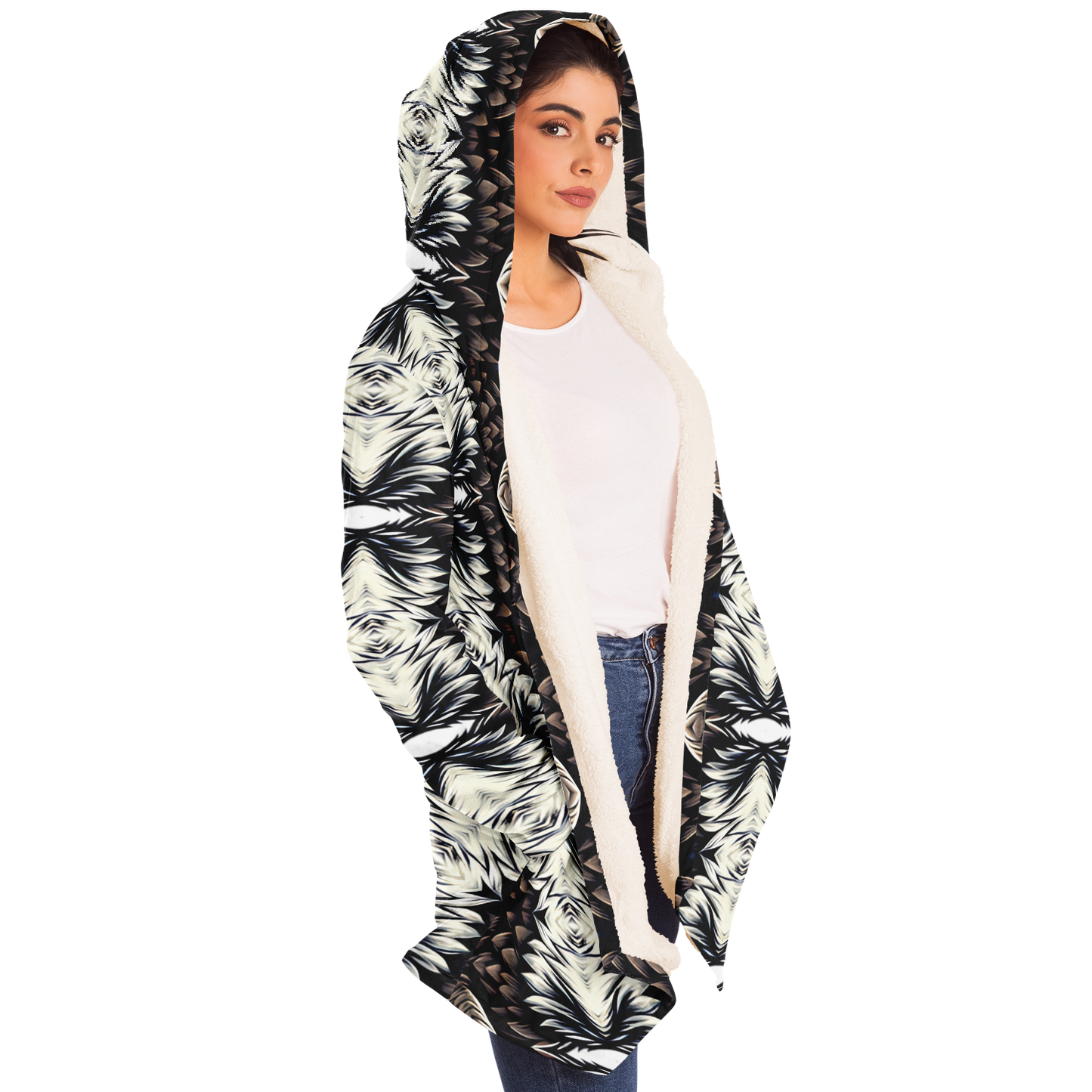 Women's Black White & Brown Kaleidoscope Pattern All Over Print Microfleece Cloak