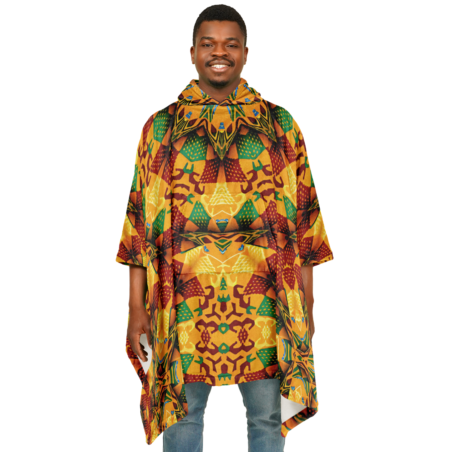 Men's Autumn Kaleidoscope Floral Pattern Flannel Blanket Poncho