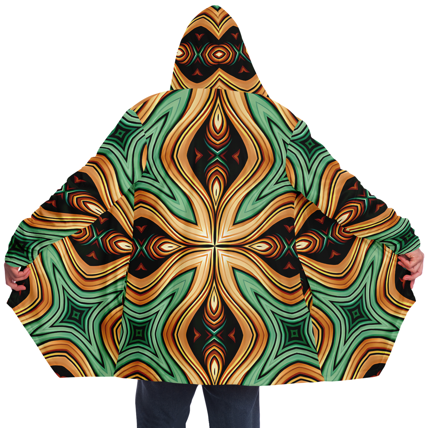 Men's  Green & Gold Retro Kaleidoscope Pattern Microfleece Cloak