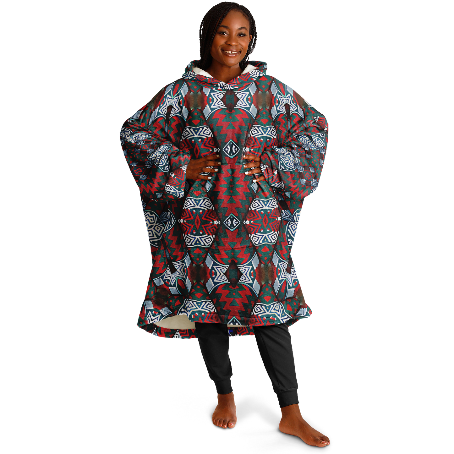 Women's Red & Teal Geometric Pattern Snug Hoodie Economy