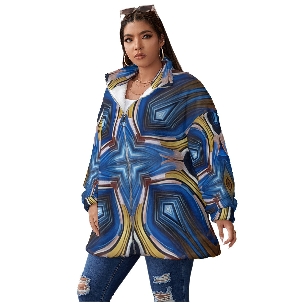 Women's Abstract Blue Pattern Unisex Borg Fleece Stand-up Collar Coat With Zipper Closure(Plus Size)