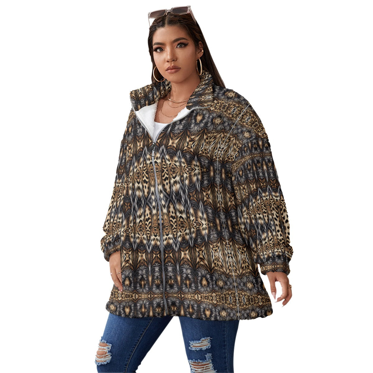 Women's Leopard Geo Pattern Unisex Borg Fleece Stand-up Collar Coat With Zipper Closure(Plus Size)