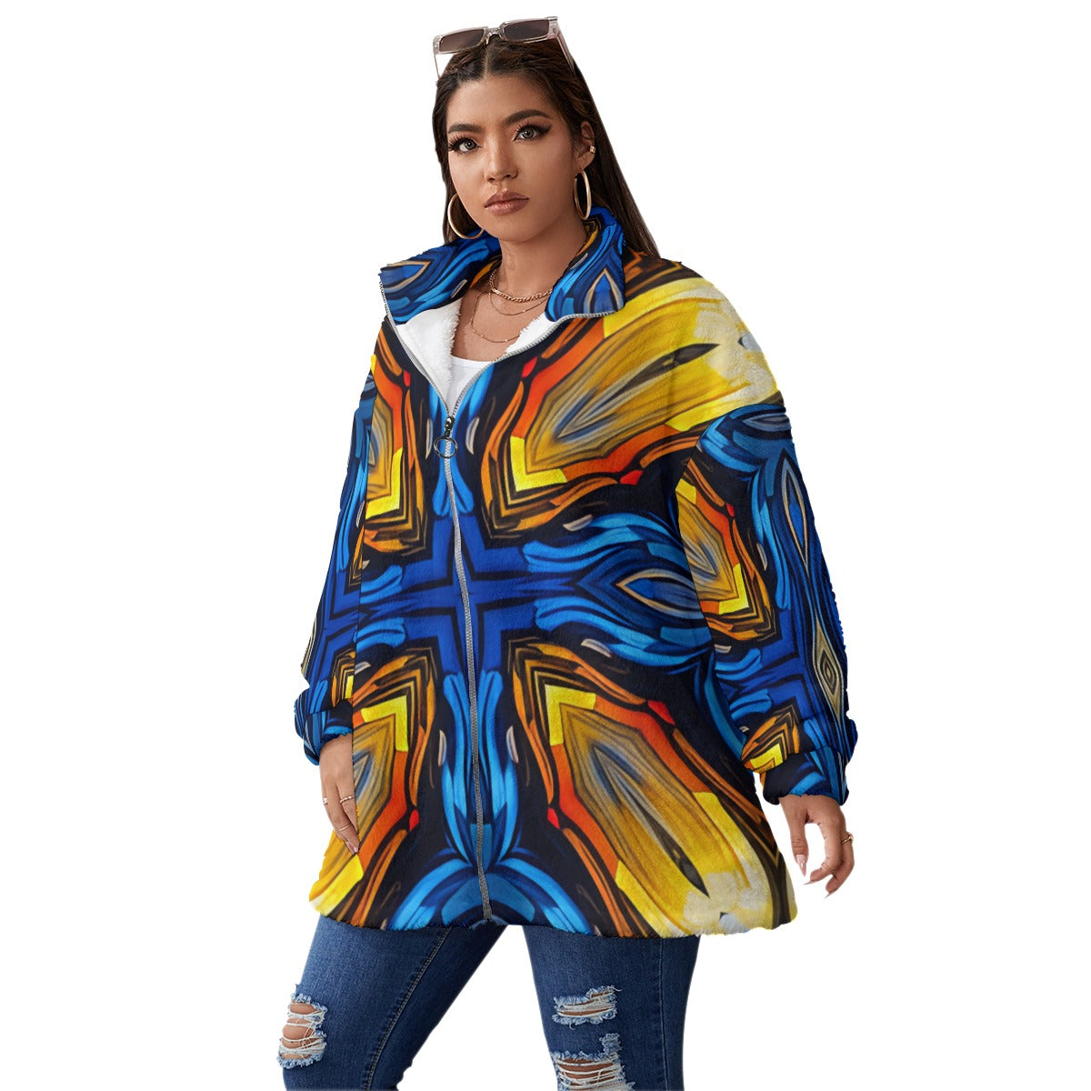 Women's Blue & Gold Abstract Unisex Borg Fleece Stand-up Collar Coat With Zipper Closure(Plus Size)