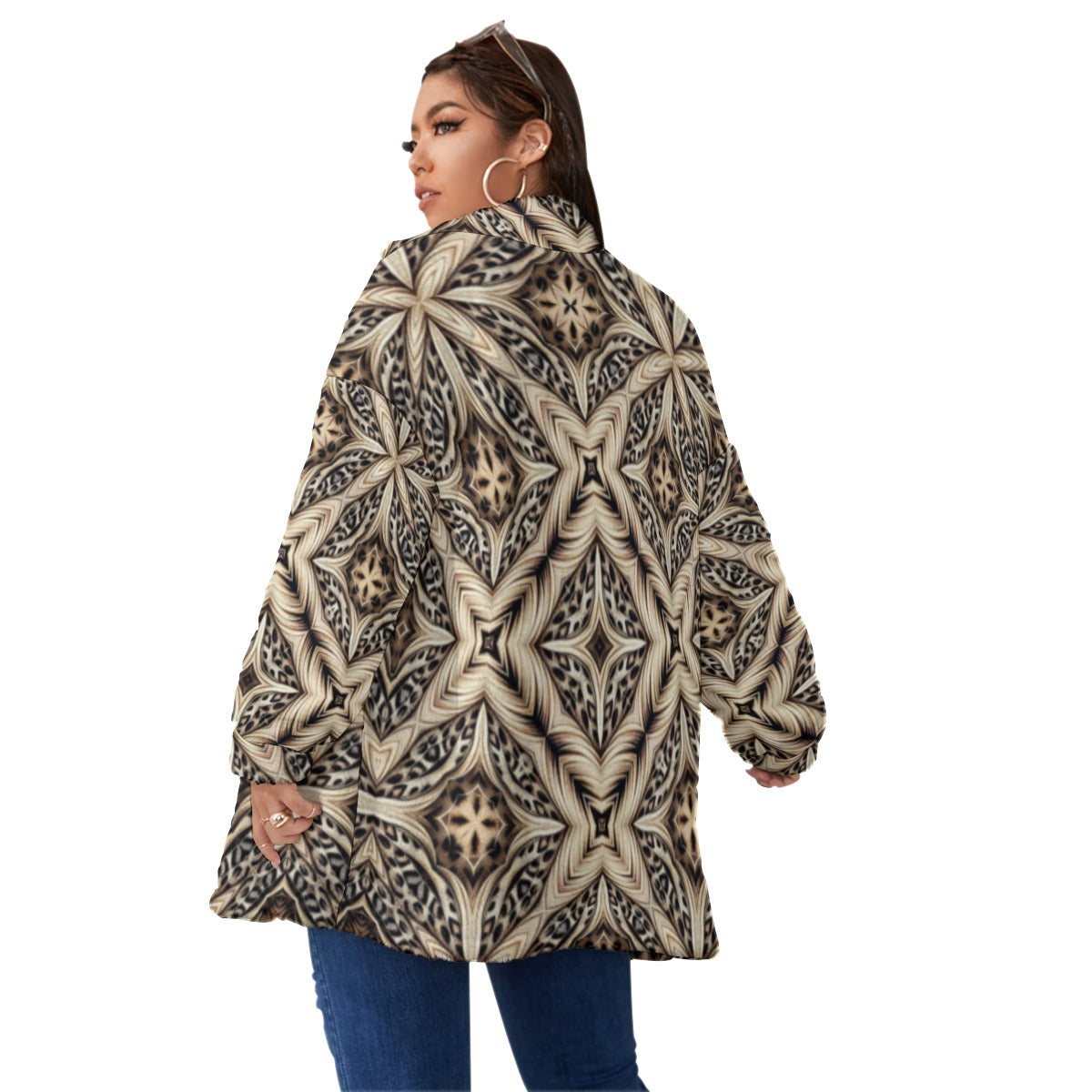 Women's Geo Brown Pattern Unisex Borg Fleece Stand-up Collar Coat With Zipper Closure (Plus Size