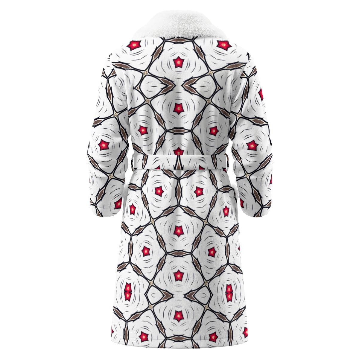 Men's Geometric White Red Patterned All-Over Print Borg Fleece Bathrobe With Polyester Sherpa Fleece