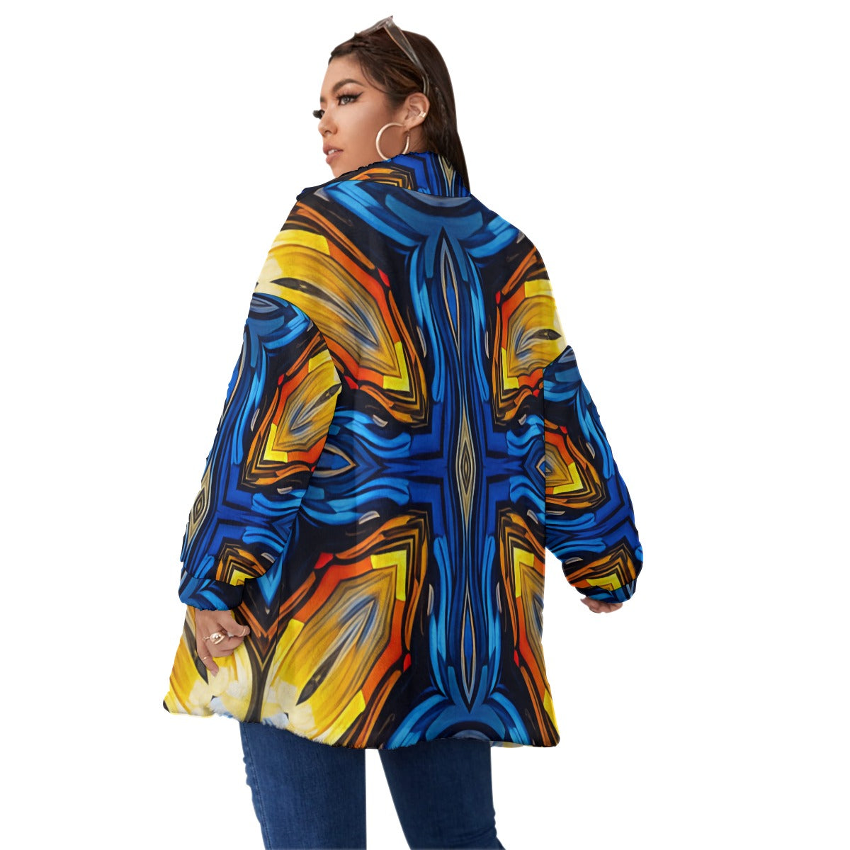 Women's Blue & Gold Abstract Unisex Borg Fleece Stand-up Collar Coat With Zipper Closure(Plus Size)
