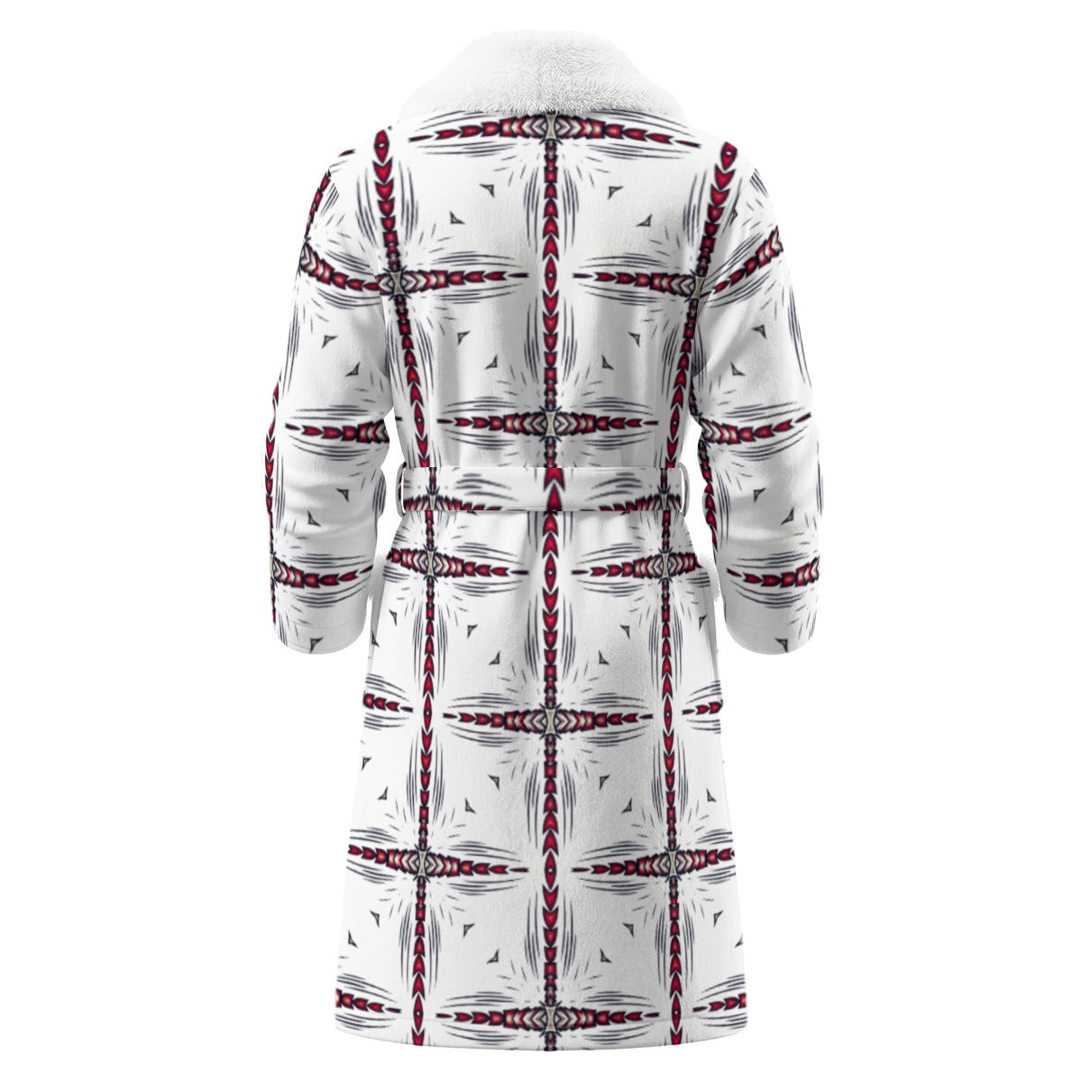 Men's Red & Black Cross Geometric Pattern All-Over Borg Fleece Bathrobe With Polyester Sherpa Fleece
