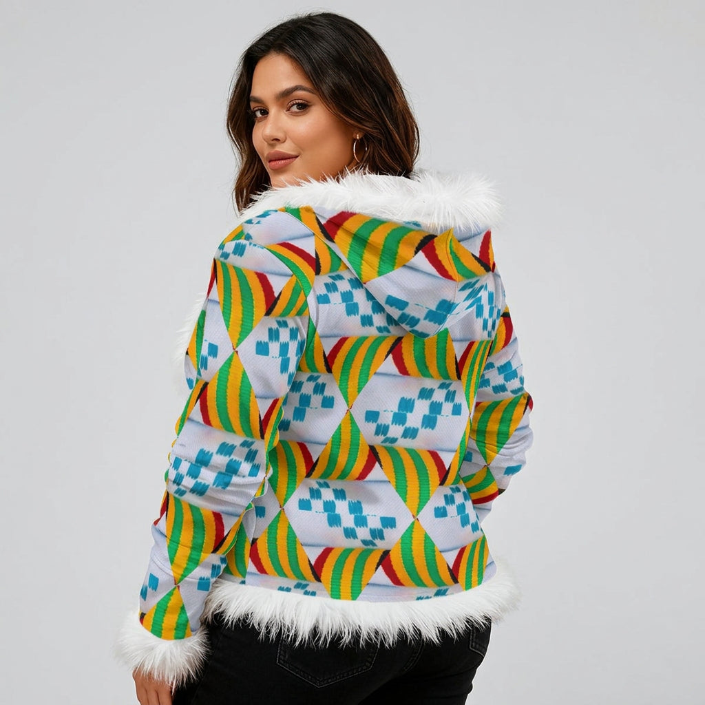 Women's African Kente Psychedelic Geometric Pattern Design A O P Faux Fur Trim Hooded Jacket /Velvet