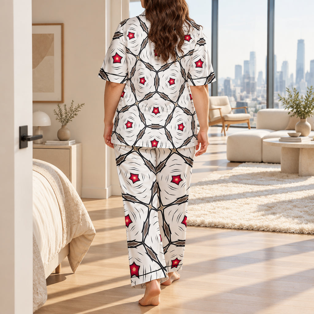 Women's Geometric White Red Patterned Design All-Over Print Trousers Pajamas Set