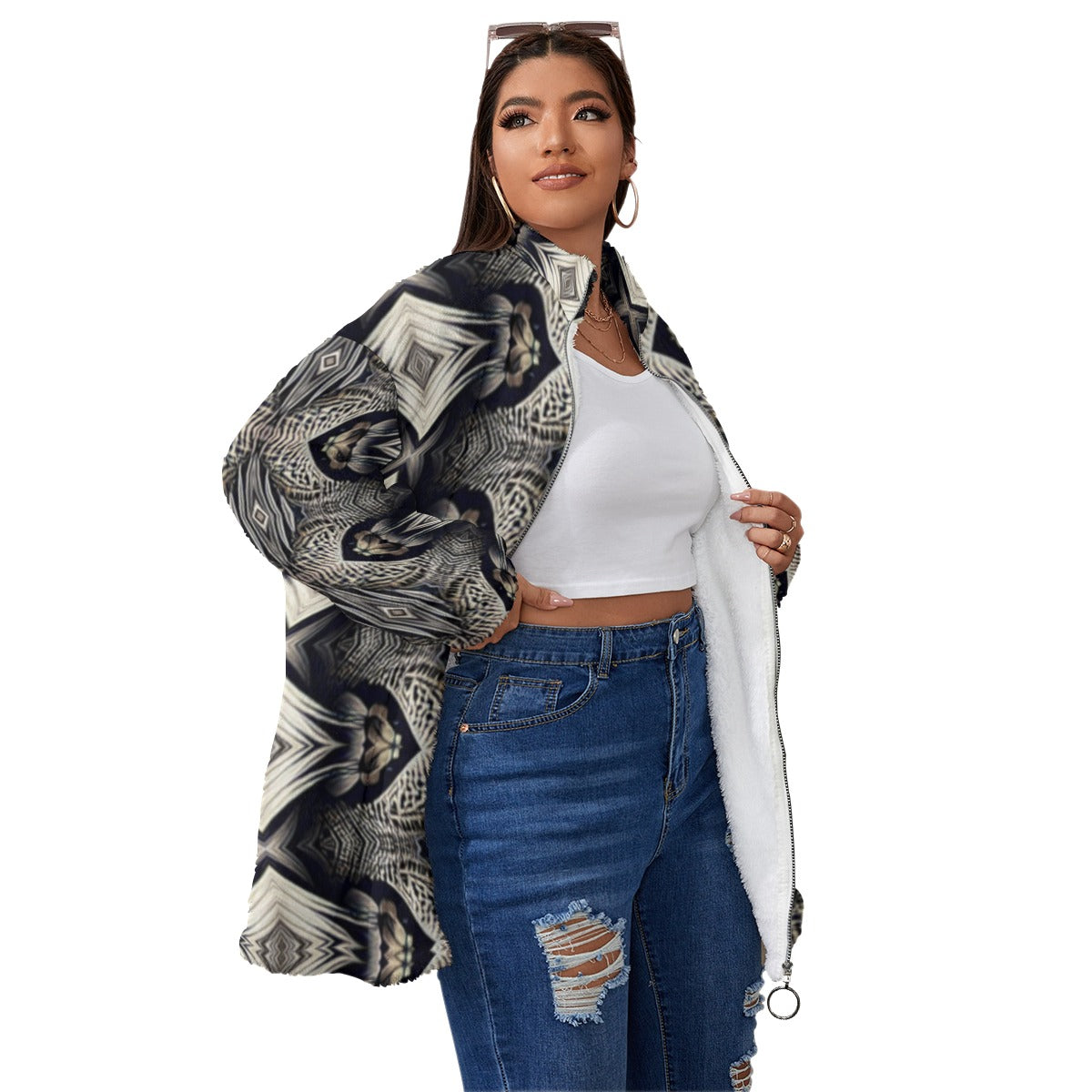 Women's Monochrome Geo pattern Unisex Borg Fleece Stand-up Collar Coat With Zipper Closure(Plus Size