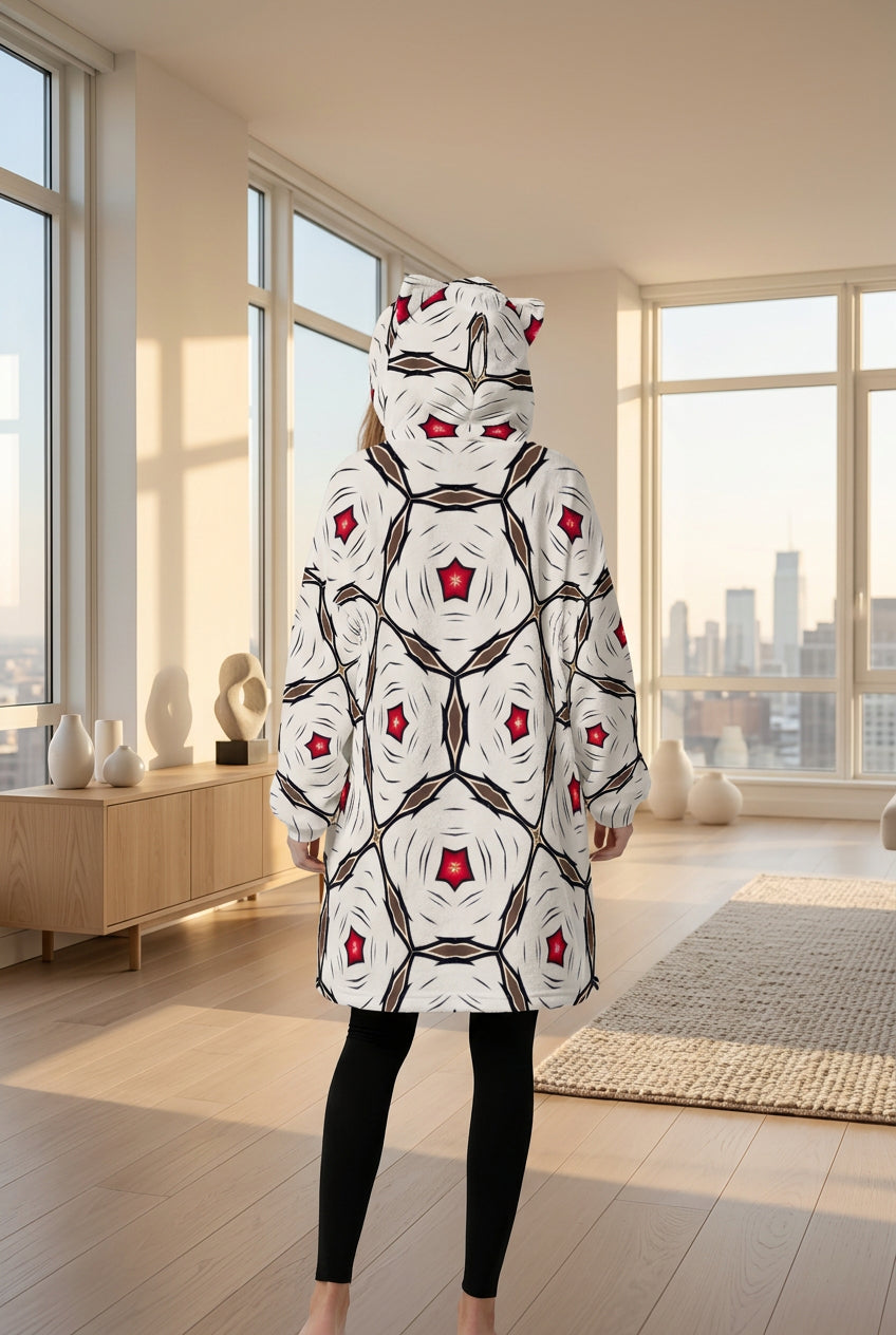 Women's Geometric White Red Patterned Design Fleece Oversized Hoodie Blanket With Decorative Ears