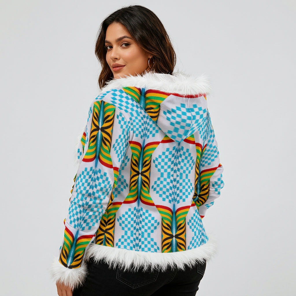 Women Geometric African Kente Checkerboard Rainbow Pattern Faux Fur Trim Hooded Jacket | Velvet