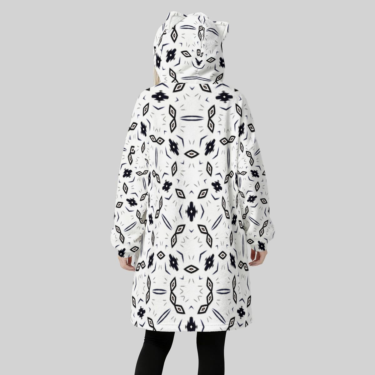 Women's Black & White Geo Pattern Design Fleece Oversized Hoodie Blanket With Decorative Ears