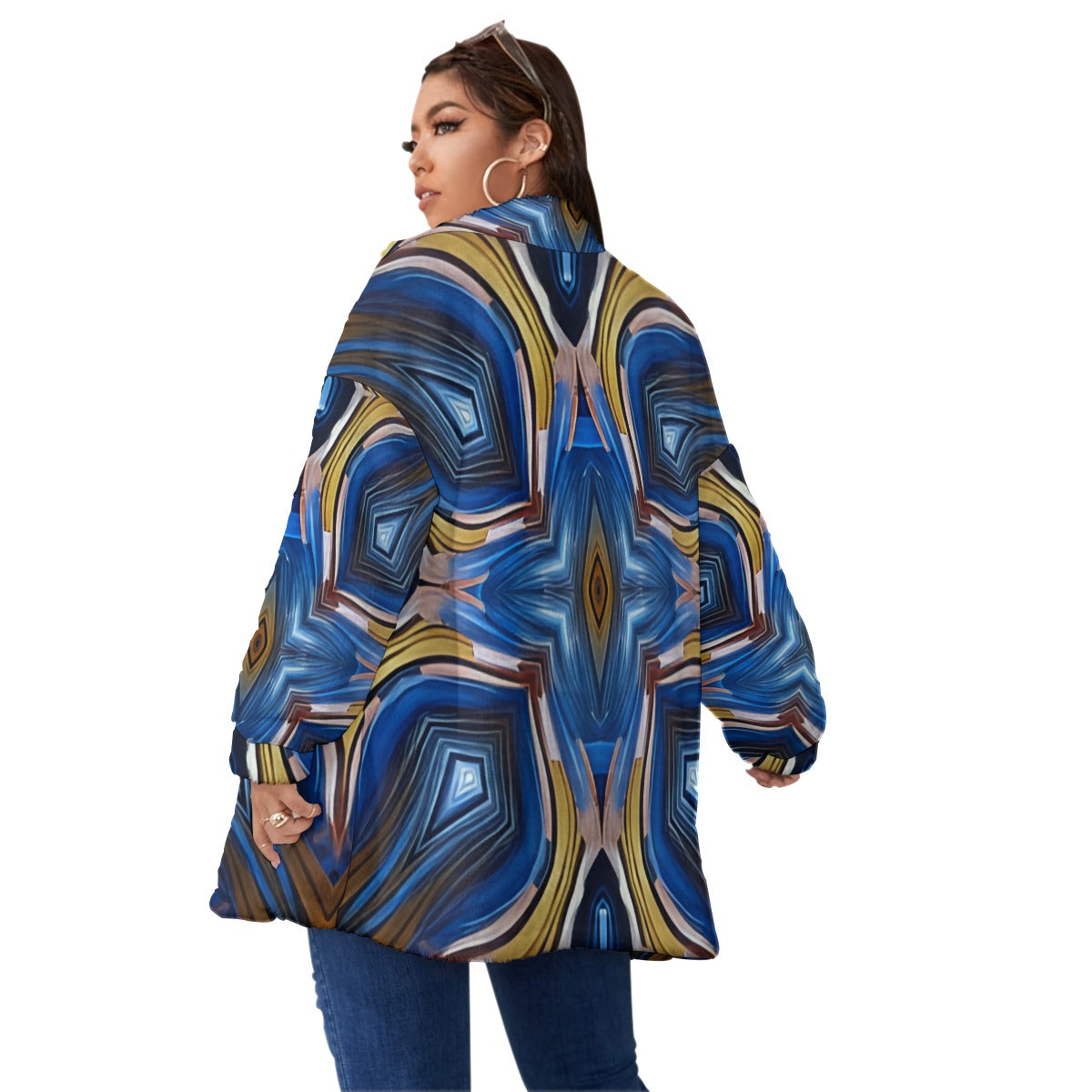 Women's Abstract Blue Pattern Unisex Borg Fleece Stand-up Collar Coat With Zipper Closure(Plus Size)