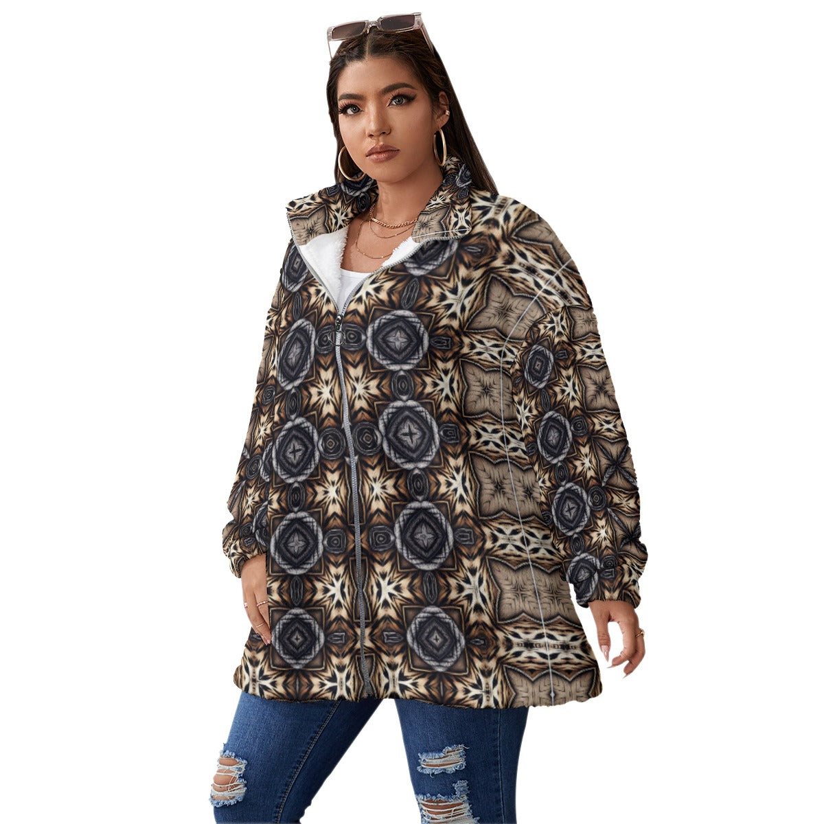 Men's Geo Kaleidoscope Pattern Unisex Borg Fleece Stand-up Collar Coat With Zipper Closure(Plus Size