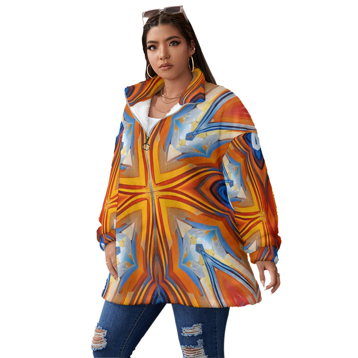 Women's Abstract Flame Unisex Borg Fleece Stand-up Collar Coat With Zipper Closure(Plus Size)