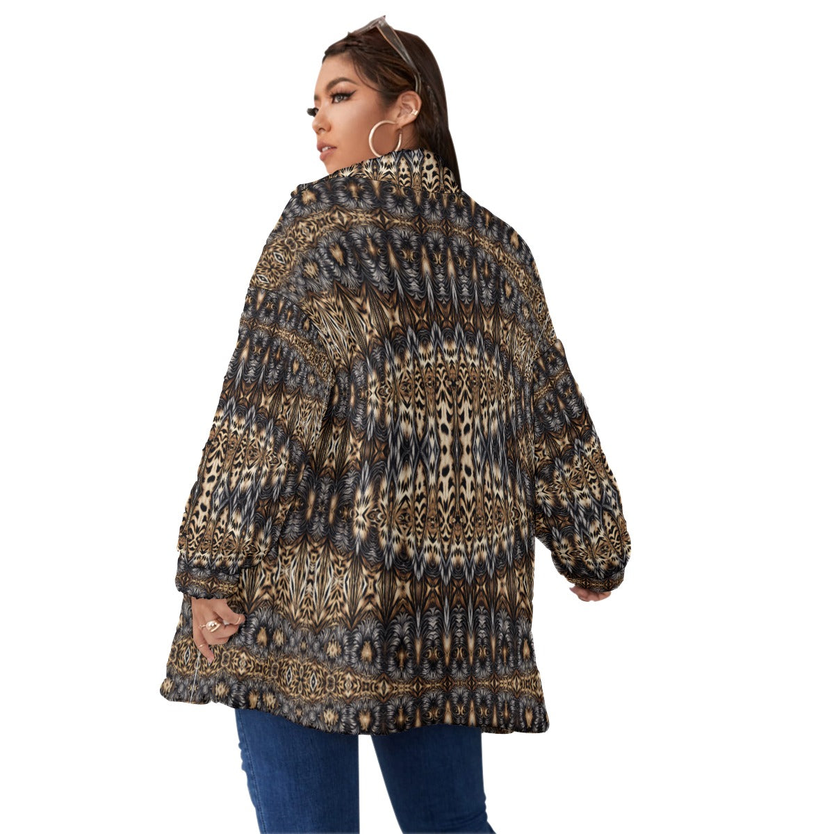 Women's Leopard Geo Pattern Unisex Borg Fleece Stand-up Collar Coat With Zipper Closure(Plus Size)