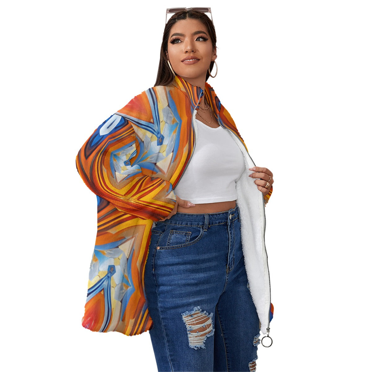 Women's Abstract Flame Unisex Borg Fleece Stand-up Collar Coat With Zipper Closure(Plus Size)