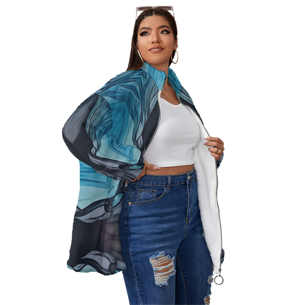 Women's Blue Abstract Geo Unisex Borg Fleece Stand up Collar Coat With Zipper Closure(Plus Size)