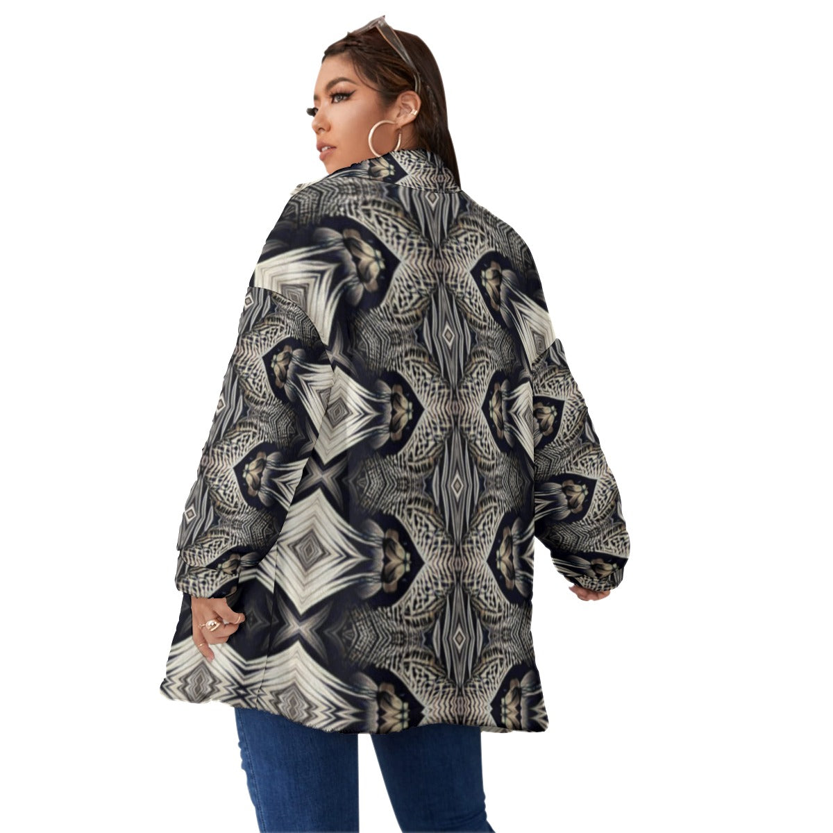 Women's Monochrome Geo pattern Unisex Borg Fleece Stand-up Collar Coat With Zipper Closure(Plus Size