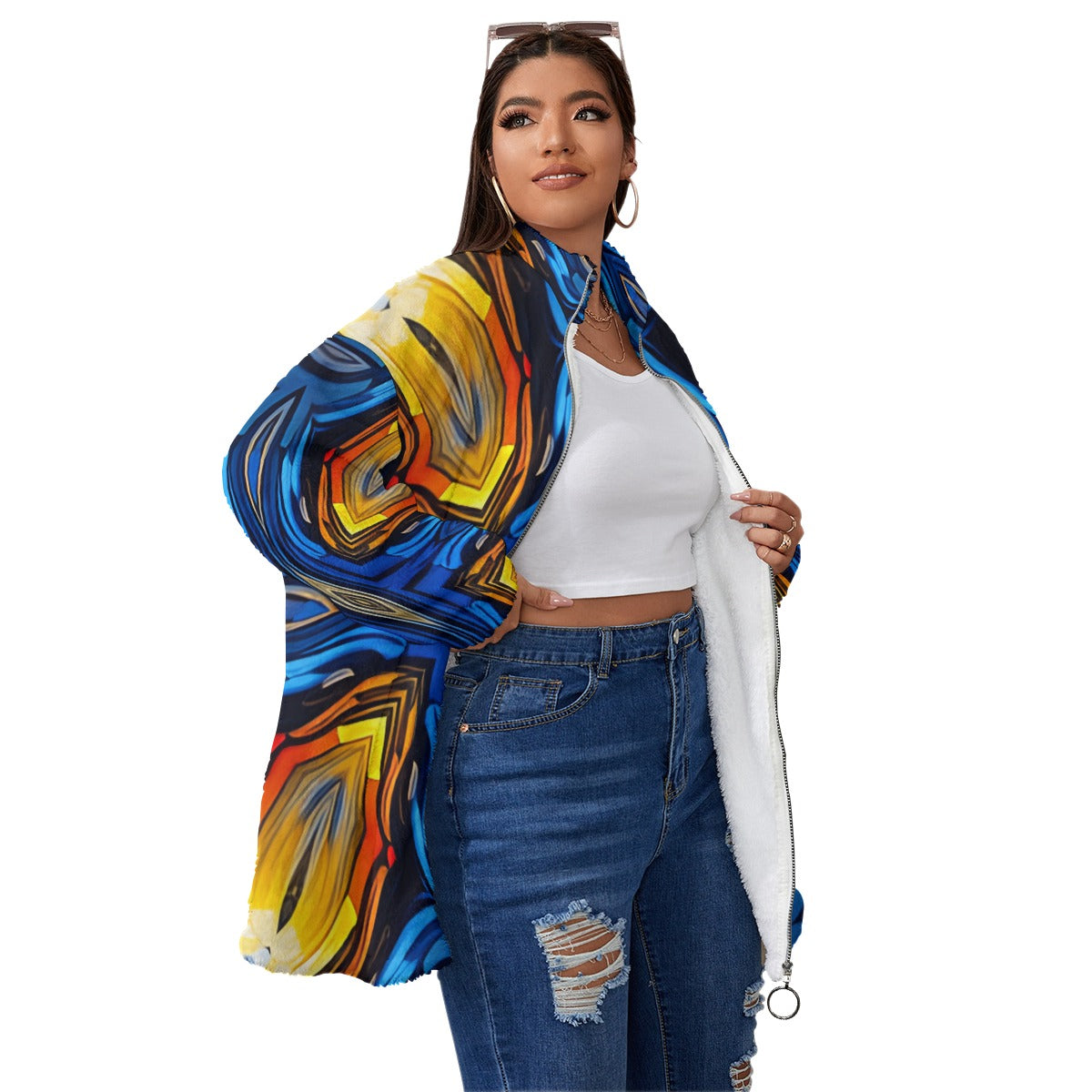 Women's Blue & Gold Abstract Unisex Borg Fleece Stand-up Collar Coat With Zipper Closure(Plus Size)