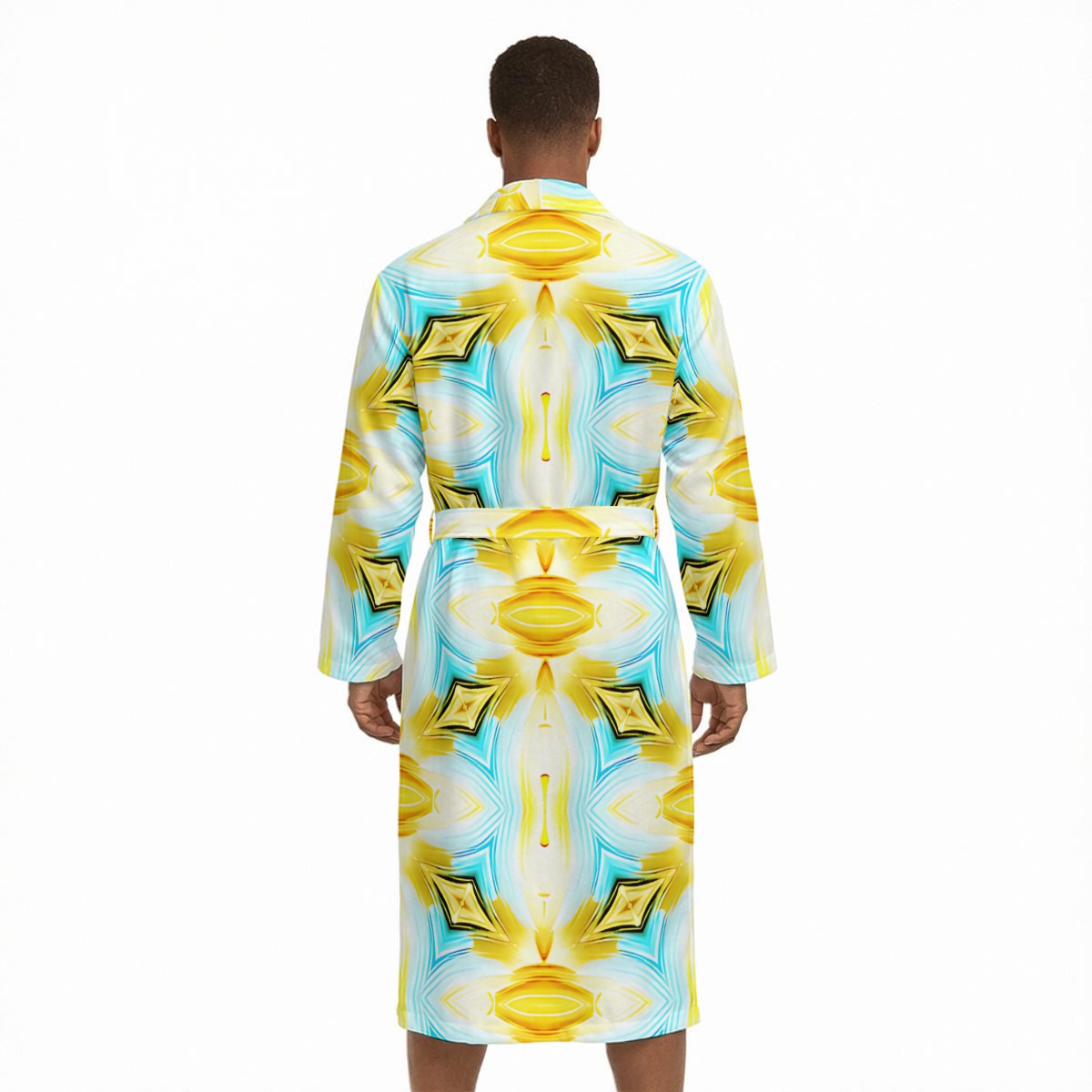 Men's Turquoise and Gold Geometric Pattern Design All Over Print Men’s Fleece-Lined Bathrobe with Belt
